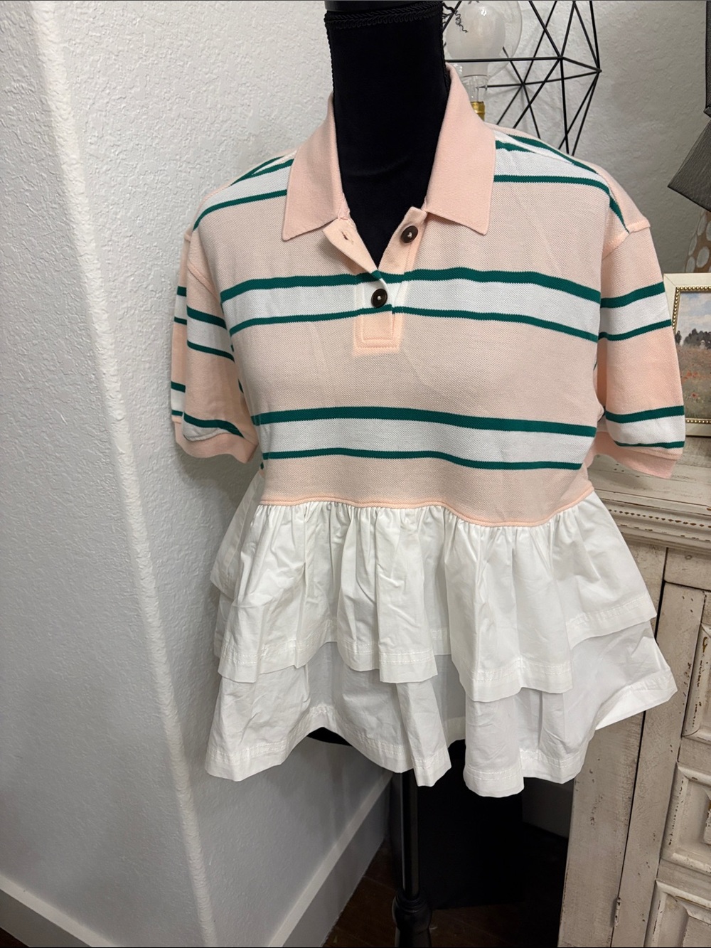 Women’s Pink Striped Polo Top with White Tiered Ruffle. Maeve by Anthropologie